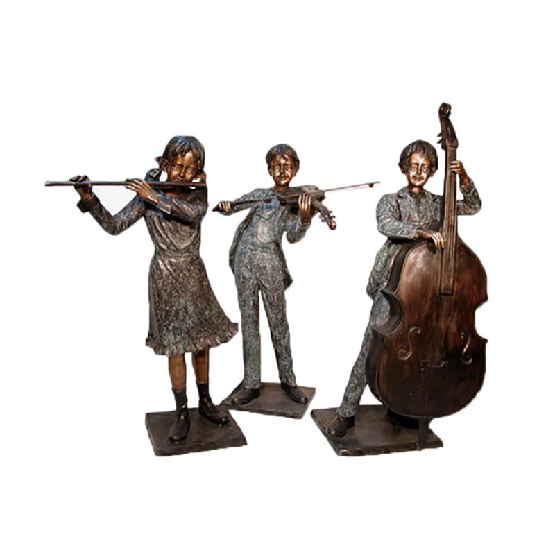 Metropolitan Galleries Bronze Musician Girl Playing Flute 3 Piece